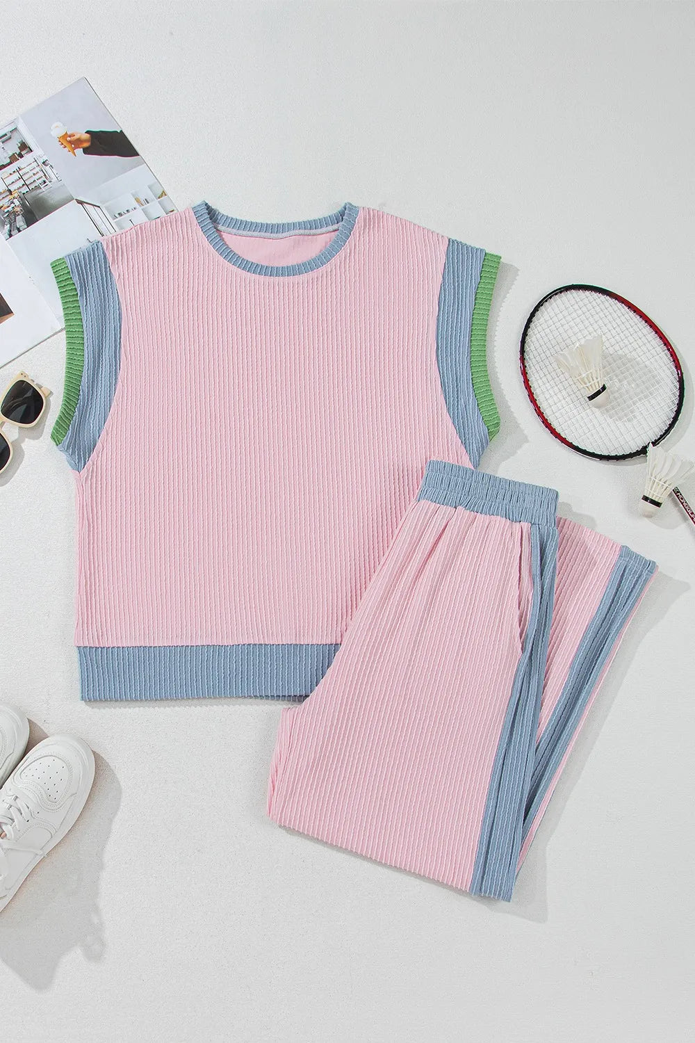 Contrast Round Neck Top and Pants Set