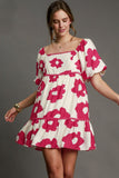 Umgee Full Size Contrast Floral Short Sleeve Mini Dress Plus Size