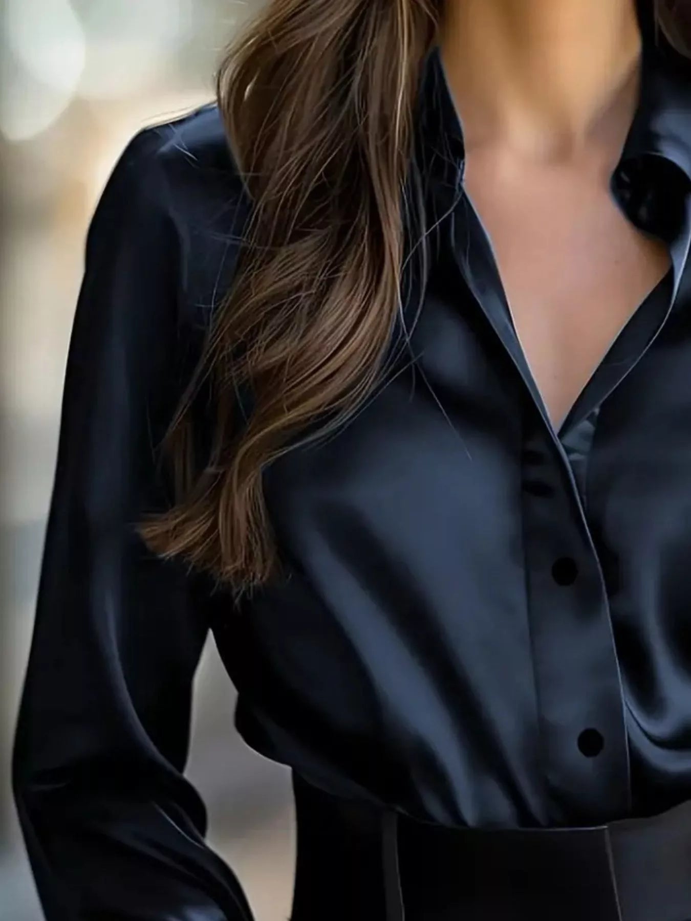 Button Down Long Sleeve Shirt with collared neck, black satin finish, perfect for elegance and comfort in work or casual settings.
