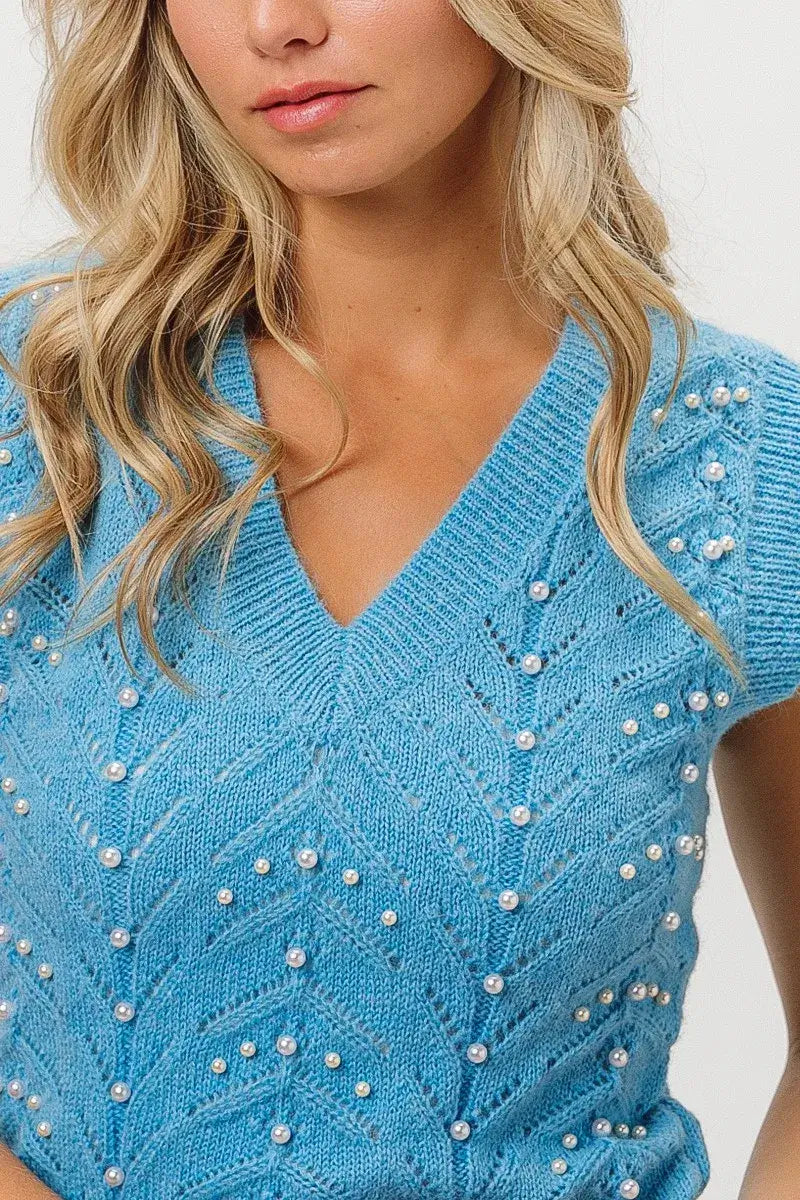 BiBi Chevron Pointelle Pearl Knit Top