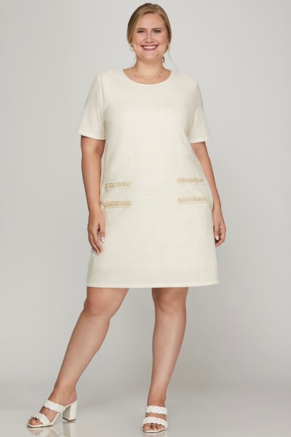 She + Sky Full Size Short Sleeve Pearl Studded Trim Knit Tweed Dress Plus Size