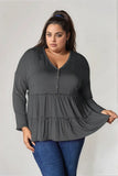 Double Take Half Button Long Sleeve Ruffle Hem Blouse