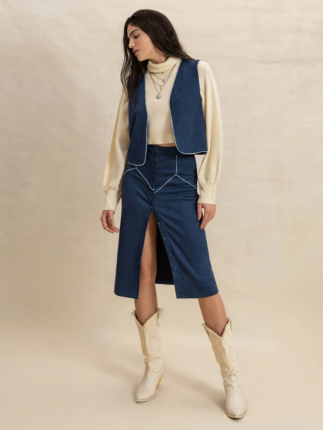 Open Front Vest and Buttoned Skirt Set