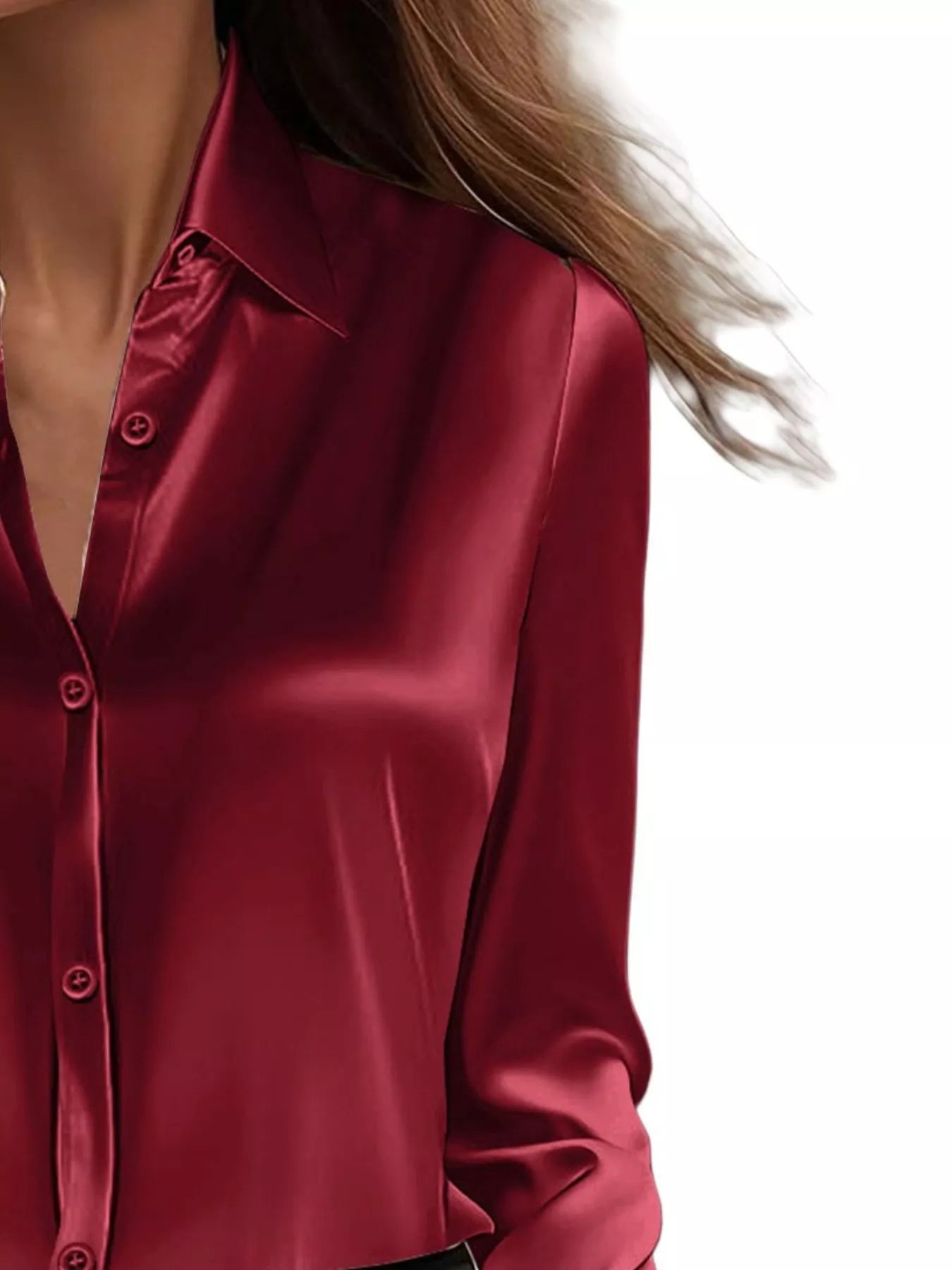 Button Down Long Sleeve Shirt with collared neck in silky red fabric for elegant style and comfort.