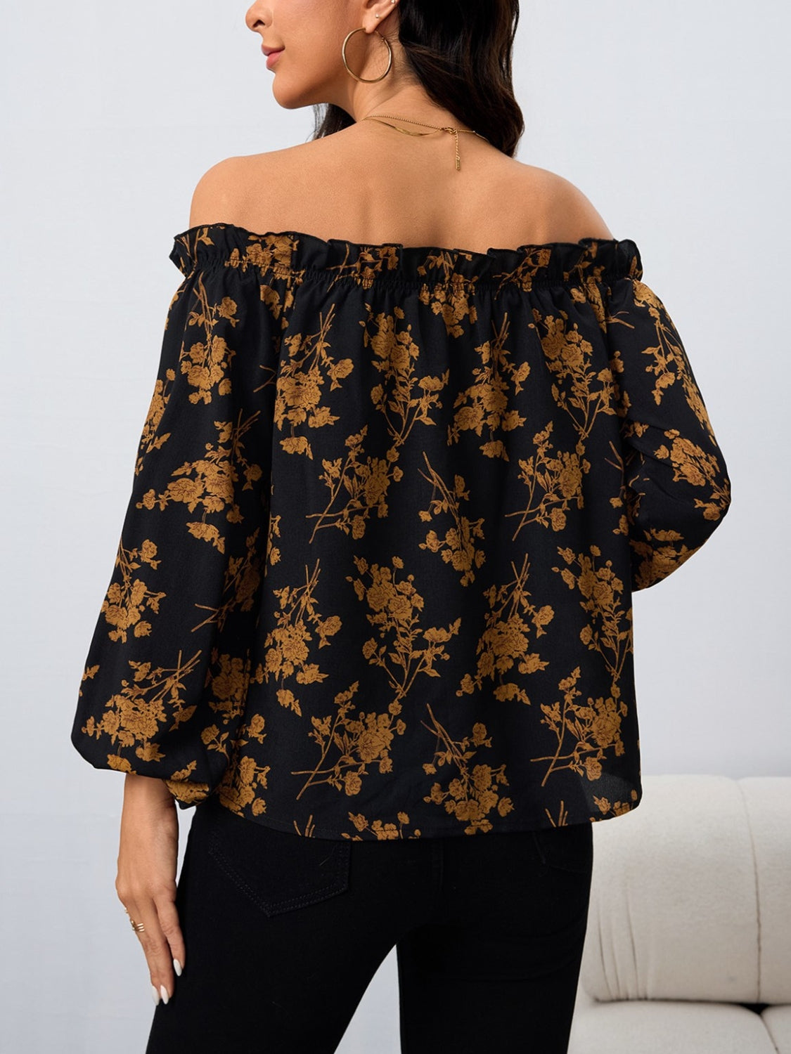 Printed Off-Shoulder Balloon Sleeve Blouse