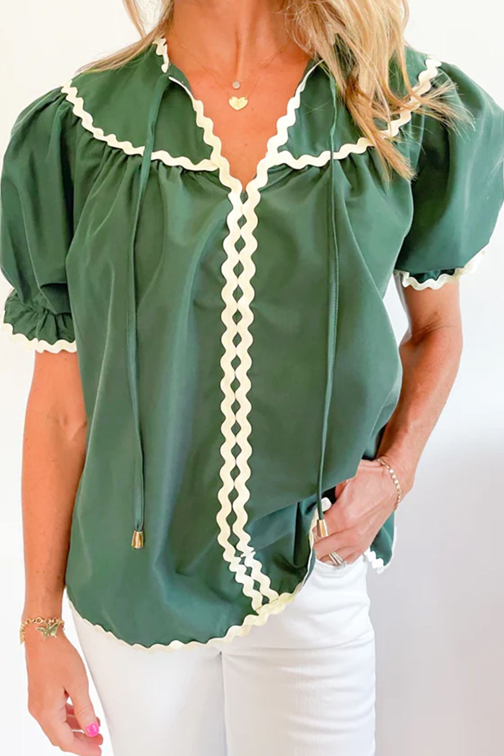 Ric Rac Trim Tie Neck Short Sleeve Blouse