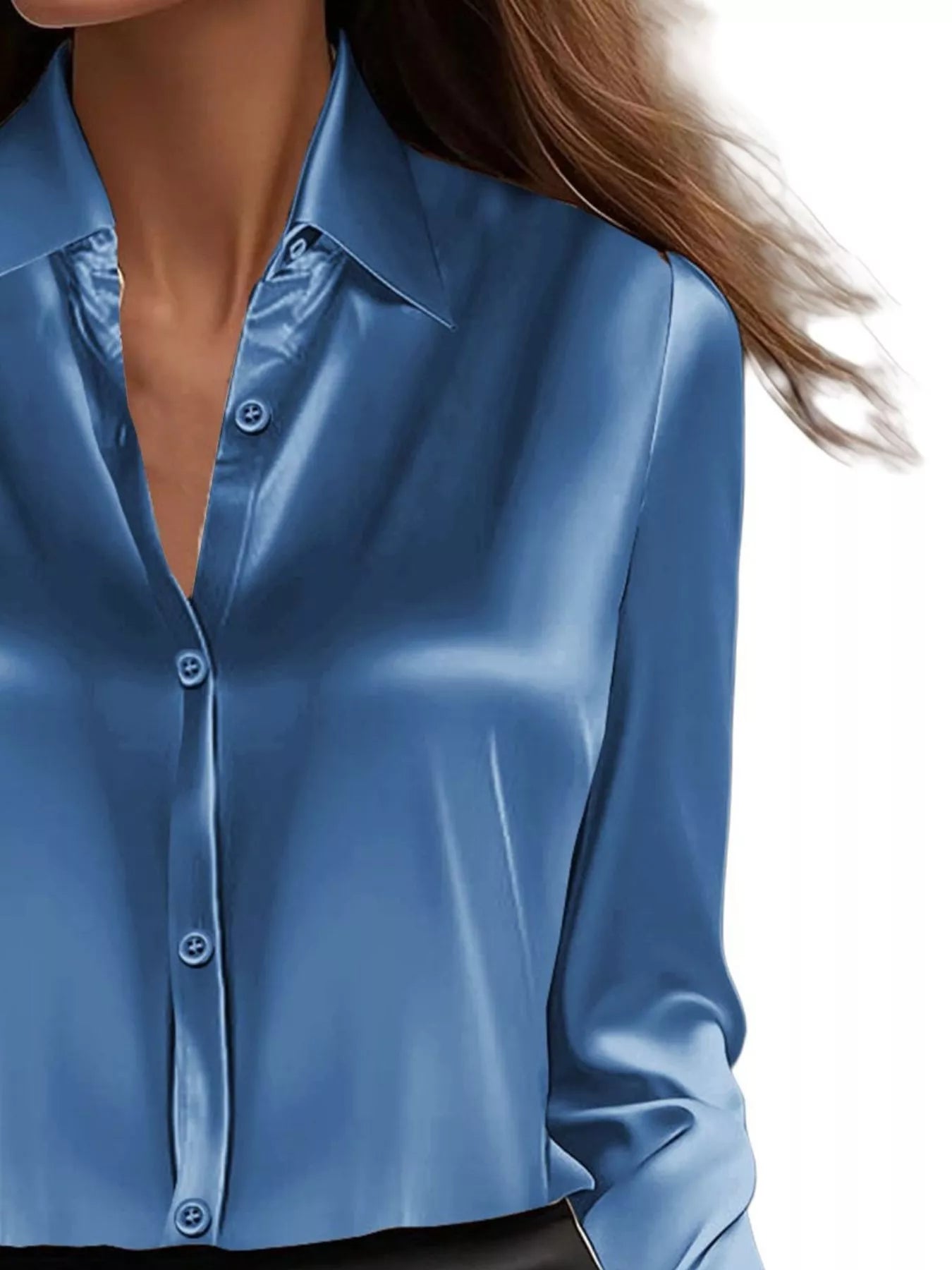 Blue Button Down Long Sleeve Shirt with a collared neckline for plus size, perfect for both work and casual occasions.