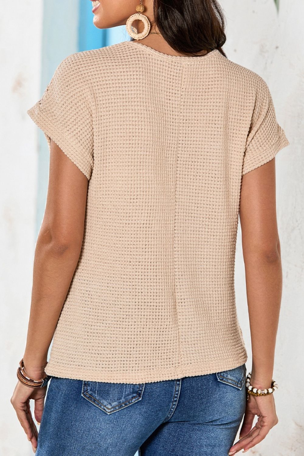 Lace Patchwork Waffle Short Sleeve Knit Top