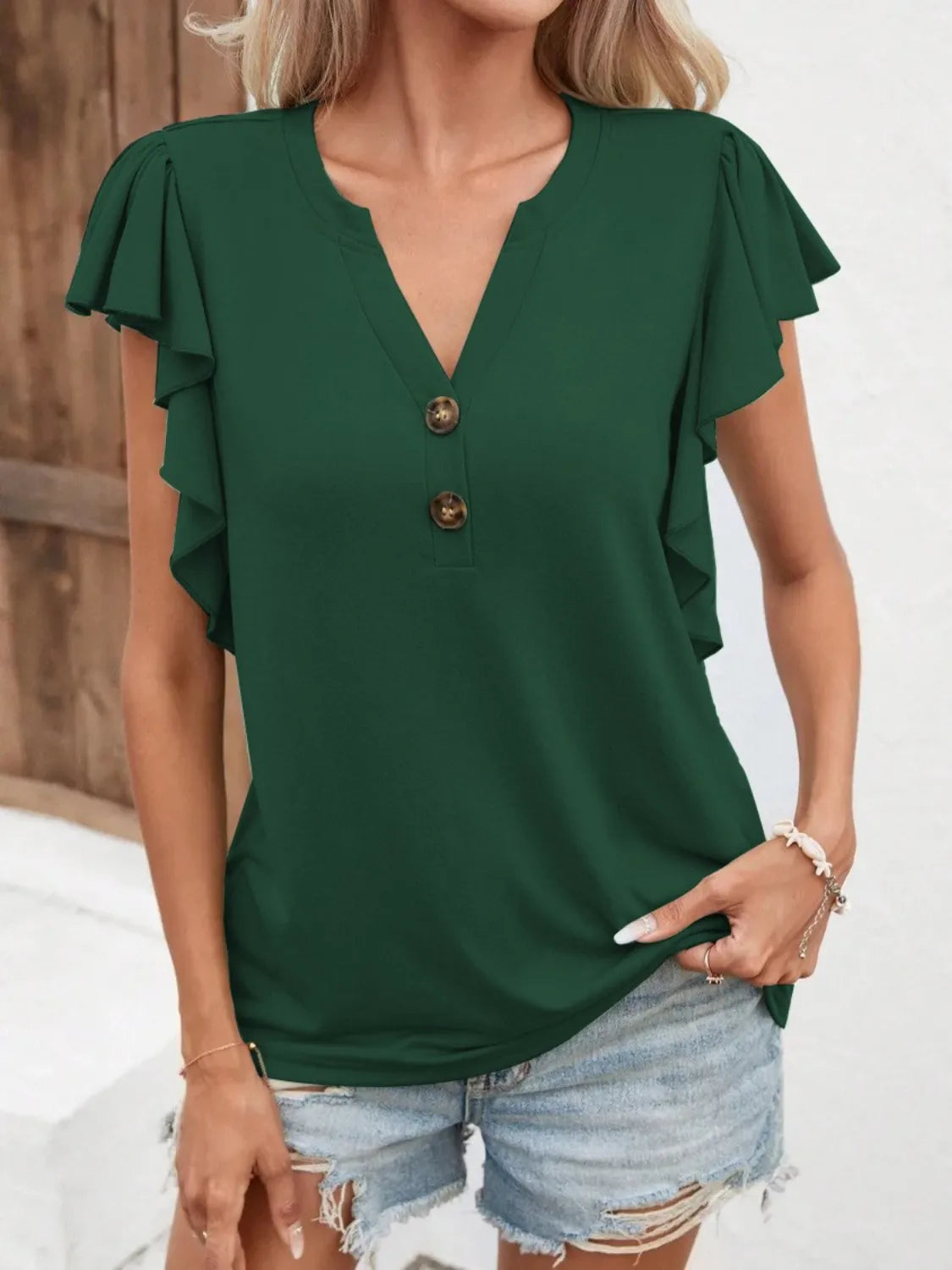 Full Size Ruffled Notched Cap Sleeve Blouse Plus Size