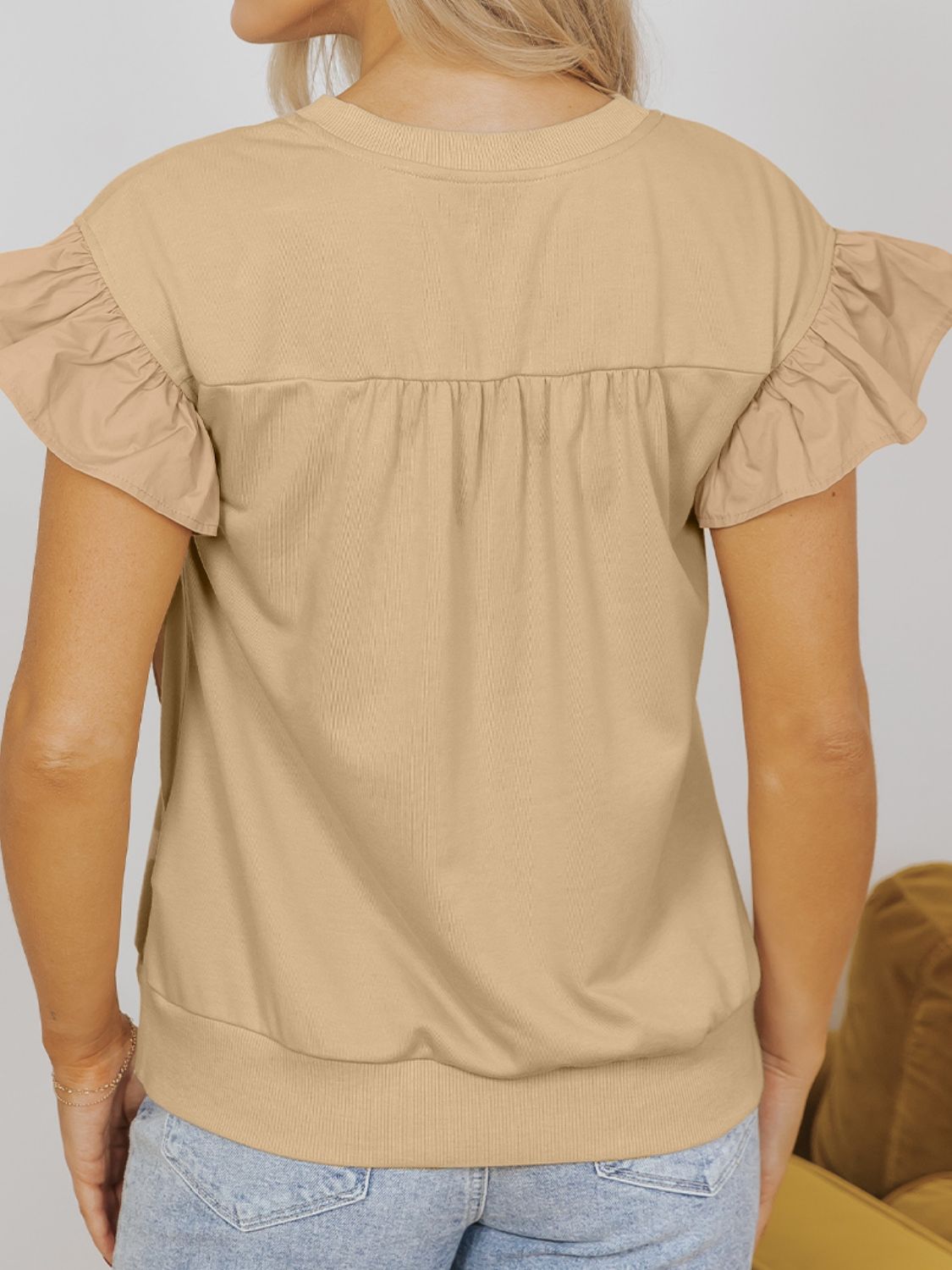 Bow Ruffled Round Neck Cap Sleeve Blouse