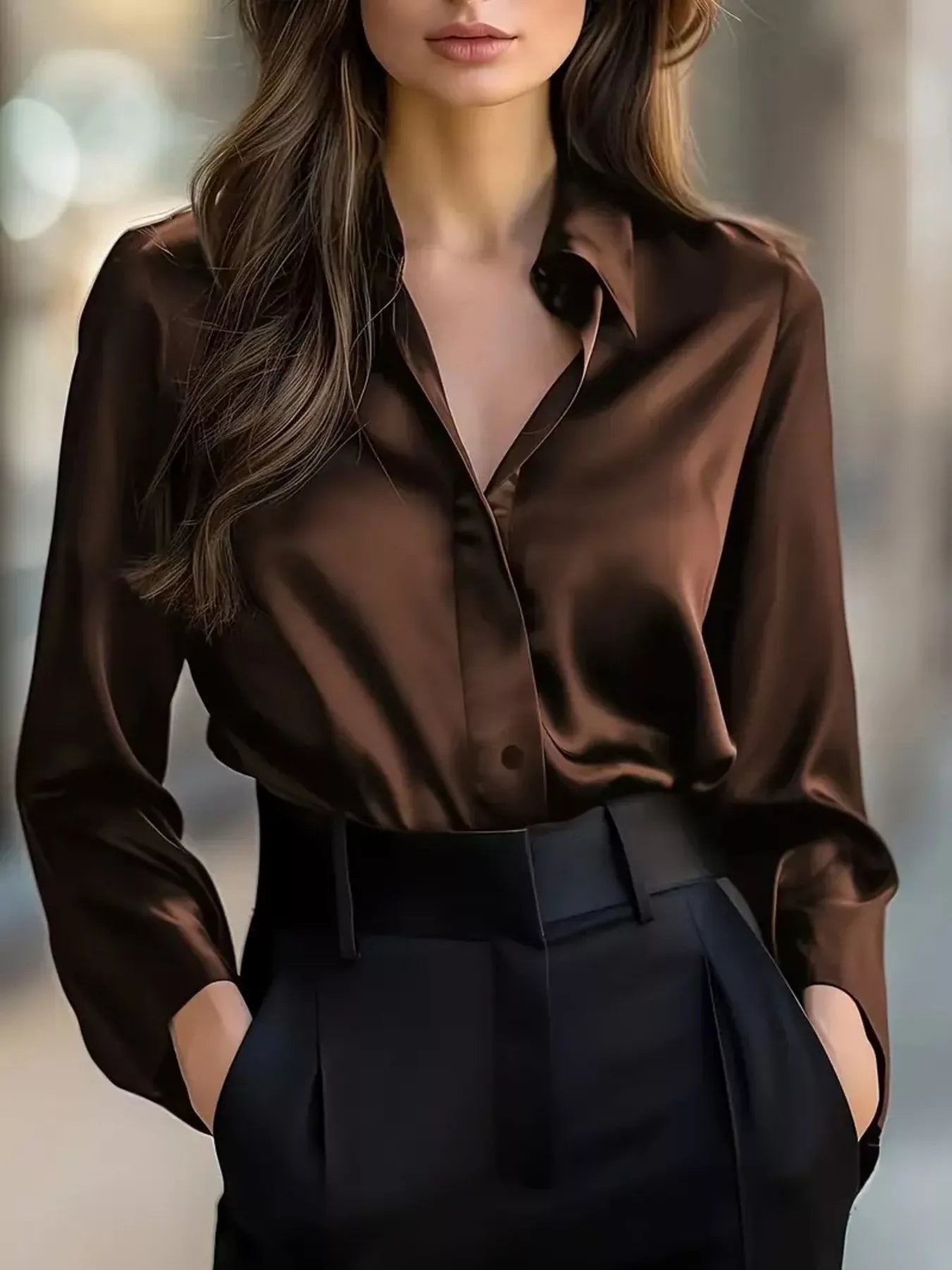Button Down Long Sleeve Shirt with collared neckline in elegant brown satin fabric