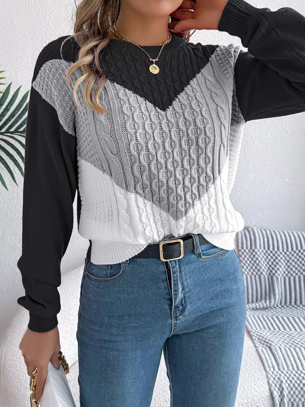 Color Block Cable Knit Sweater - Basic Style