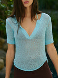 Notched Short Sleeve Knit Top