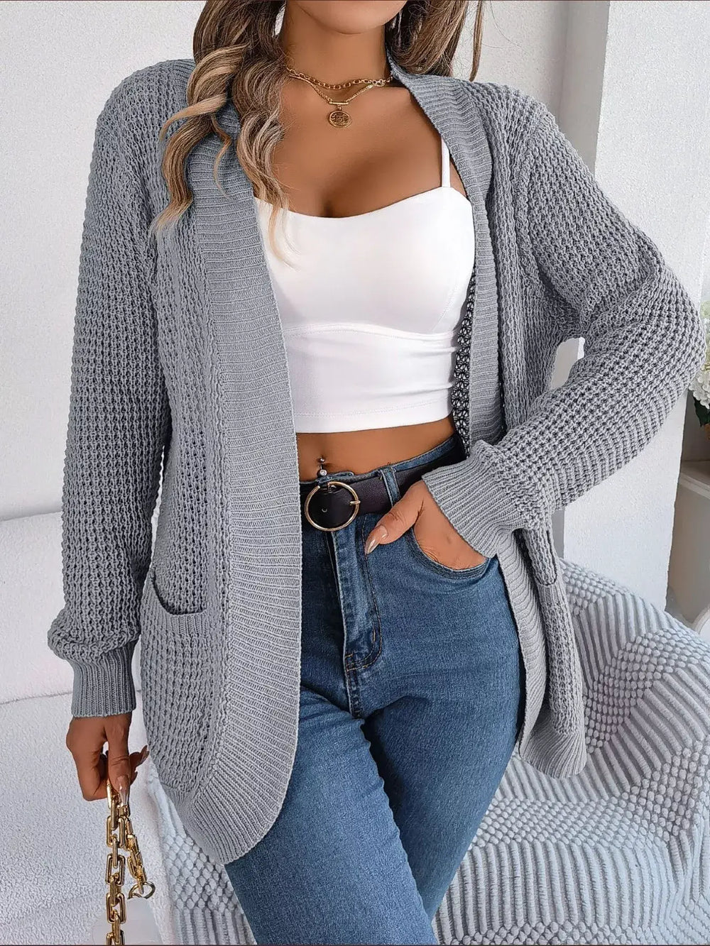 Chunky Knit Open Front Cardigan with Pockets