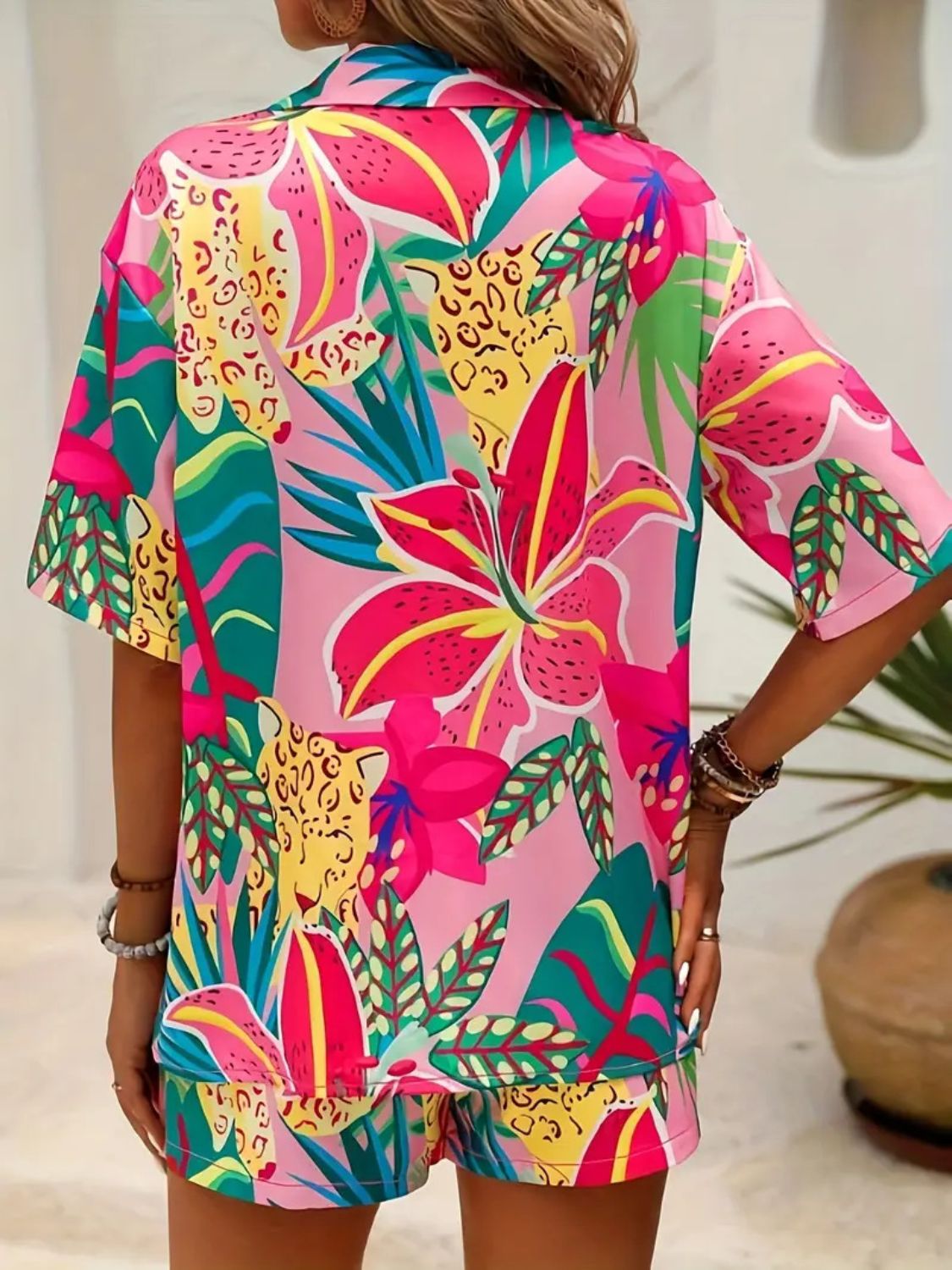Printed Button Down Shirt and Shorts Set
