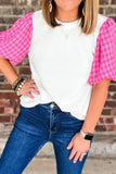 Round Neck Contrast Tweed Puff Sleeve Top