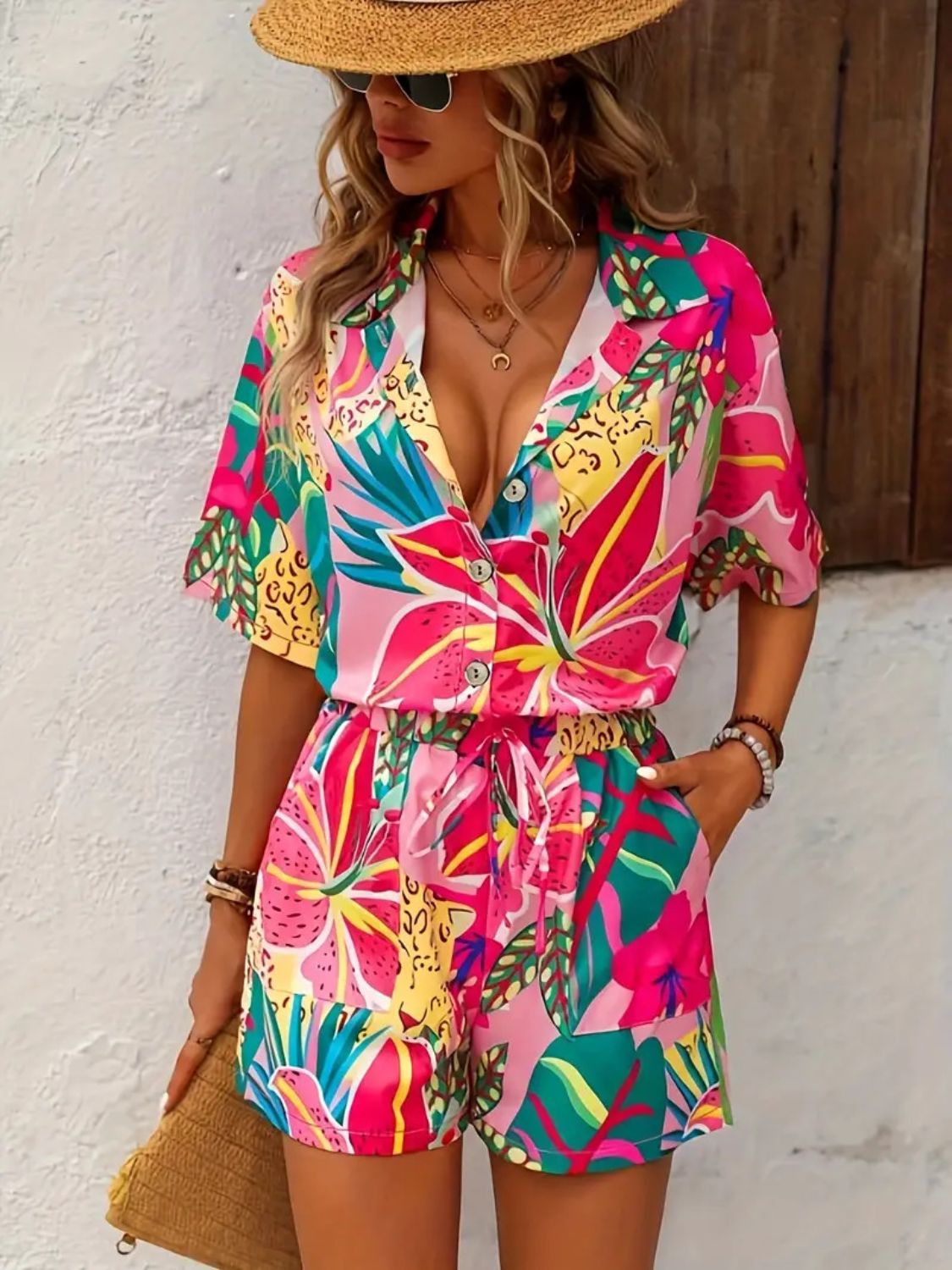 Printed Button Down Shirt and Shorts Set