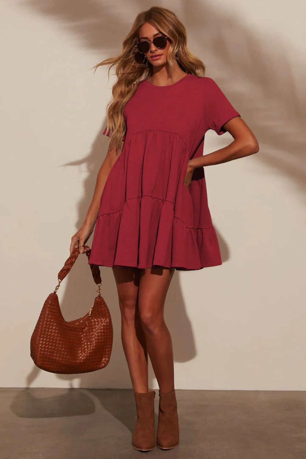Tiered Round Neck Short Sleeve Mini Dress