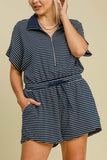 Umgee Full Size Half Zip Striped Romper Plus Size