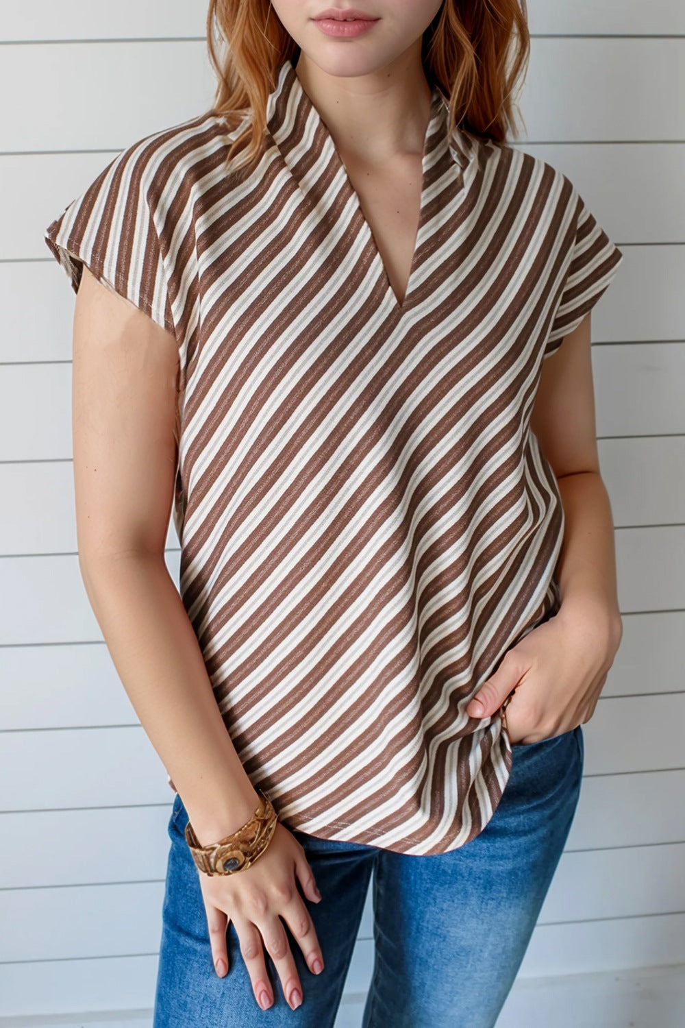 Striped V Neck Cap Sleeve Blouse