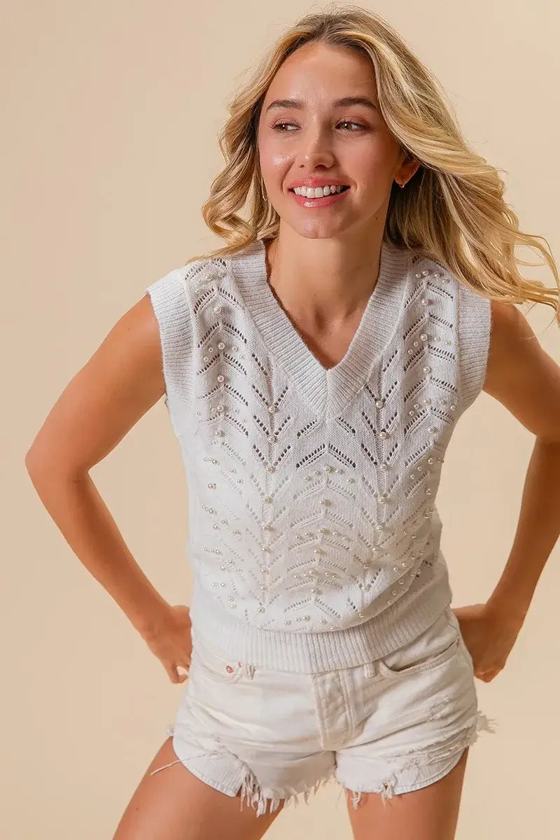 BiBi Chevron Pointelle Pearl Knit Top
