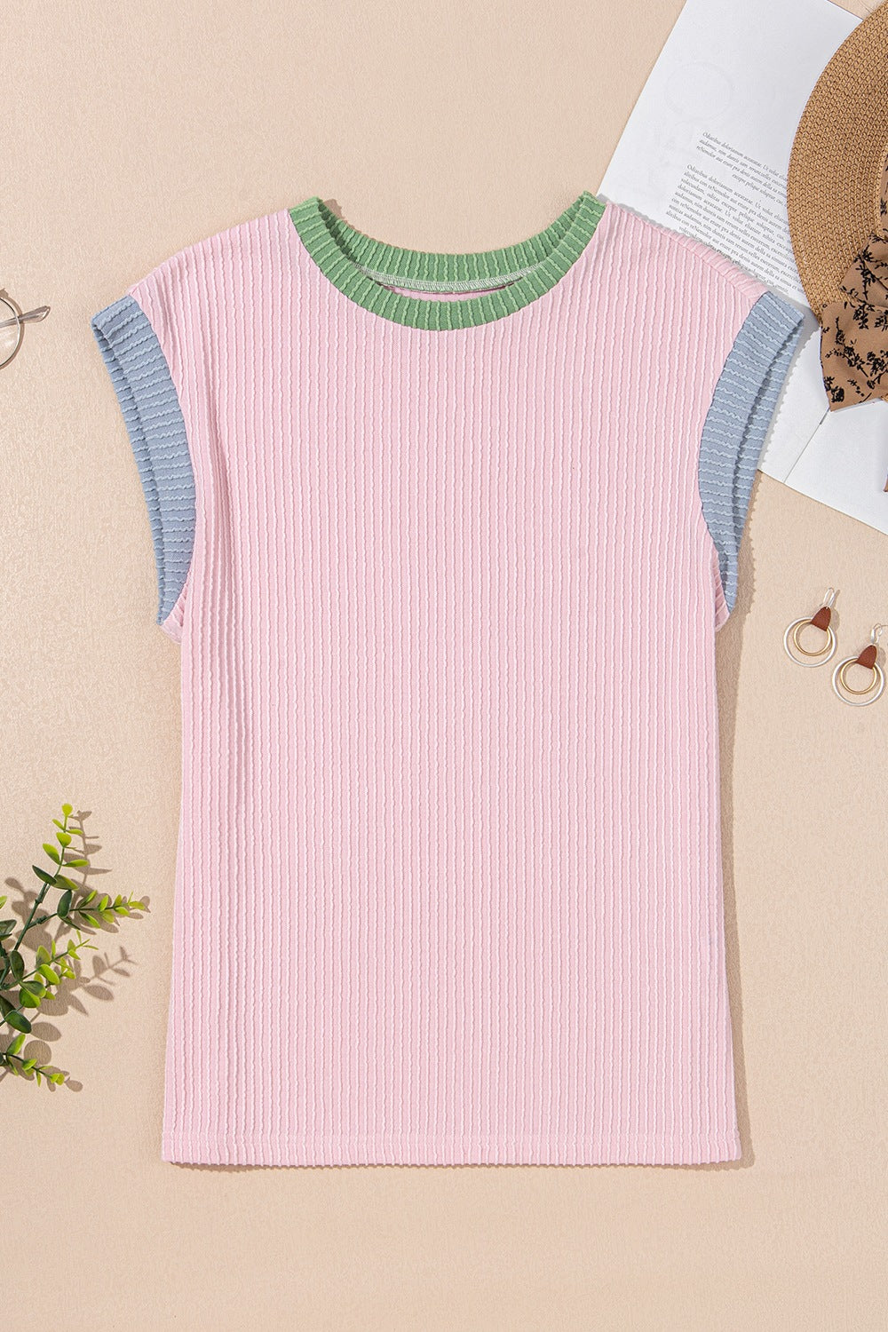 Contrast Trim Round Neck Cap Sleeve Top