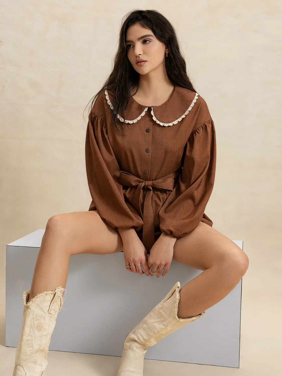 Peter Pan Collar Balloon Sleeve Top and Shorts Set