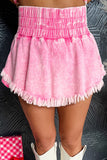 Washed Wide Smocked Waistband Frayed Denim Shorts