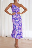Ruched Printed Single Shoulder Midi Dress