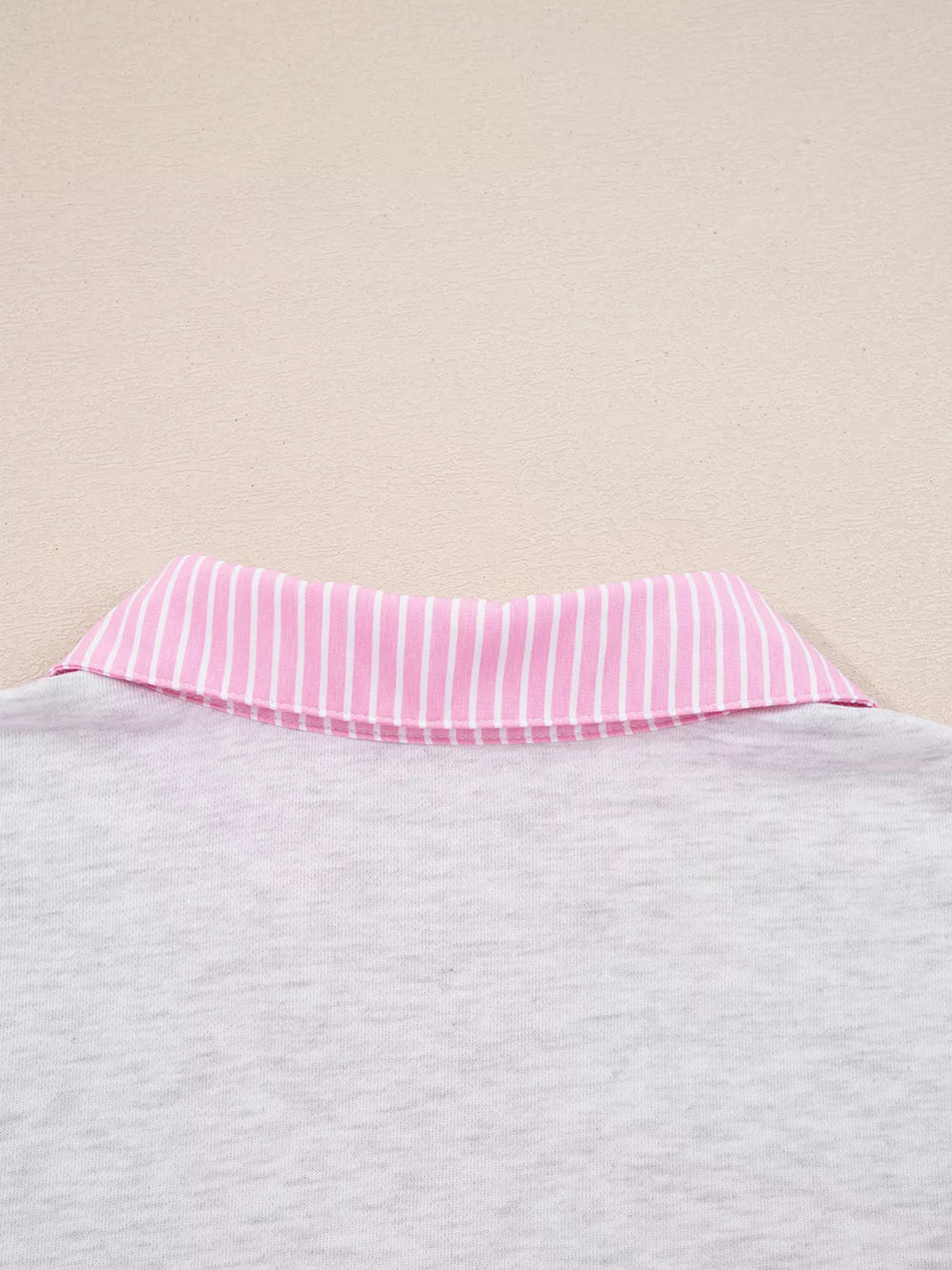 Frilled collar detail of the Contrasted Trim Pant Set's top in grey with pink stripes.