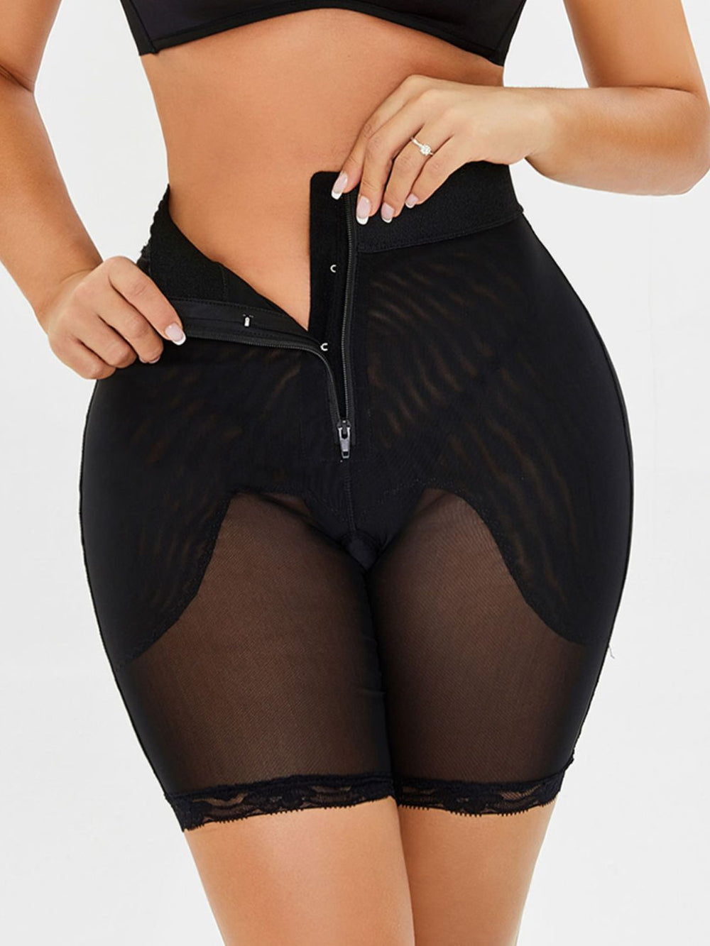 High-Waisted Lace Trim Shaping Shorts with zipper, slimming fit, and delicate lace trim, perfect for enhancing your silhouette.