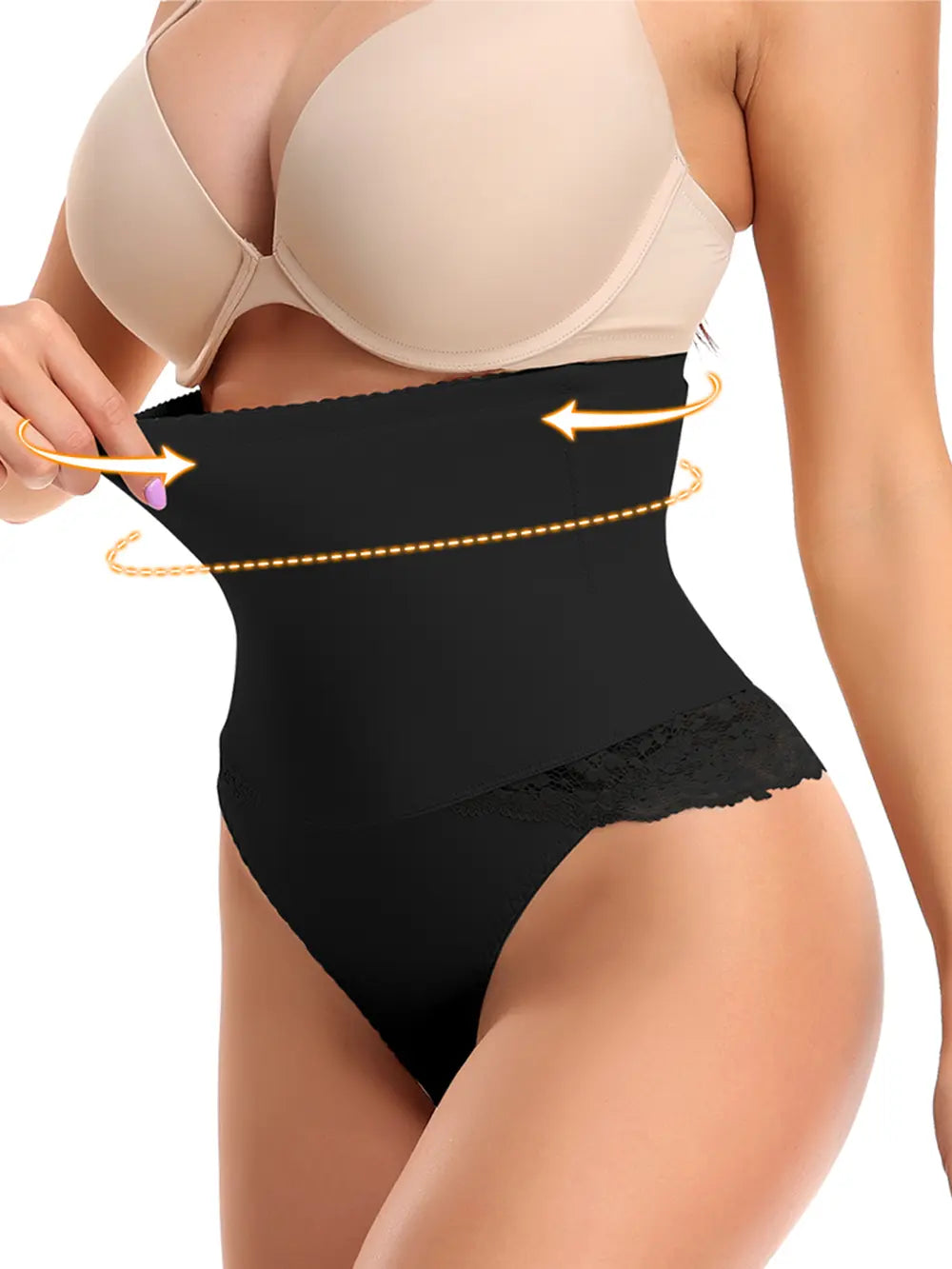 Lace Detail Shaping Shorts showing waist slimming effect, black color, with moderate stretch, made of 90% polyester, 10% elastane.