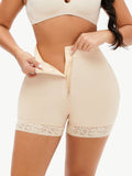 Full size zip-up lace trim shaping shorts with lace details and zipper front, solid pattern for sexy look, made of polyester and spandex.
