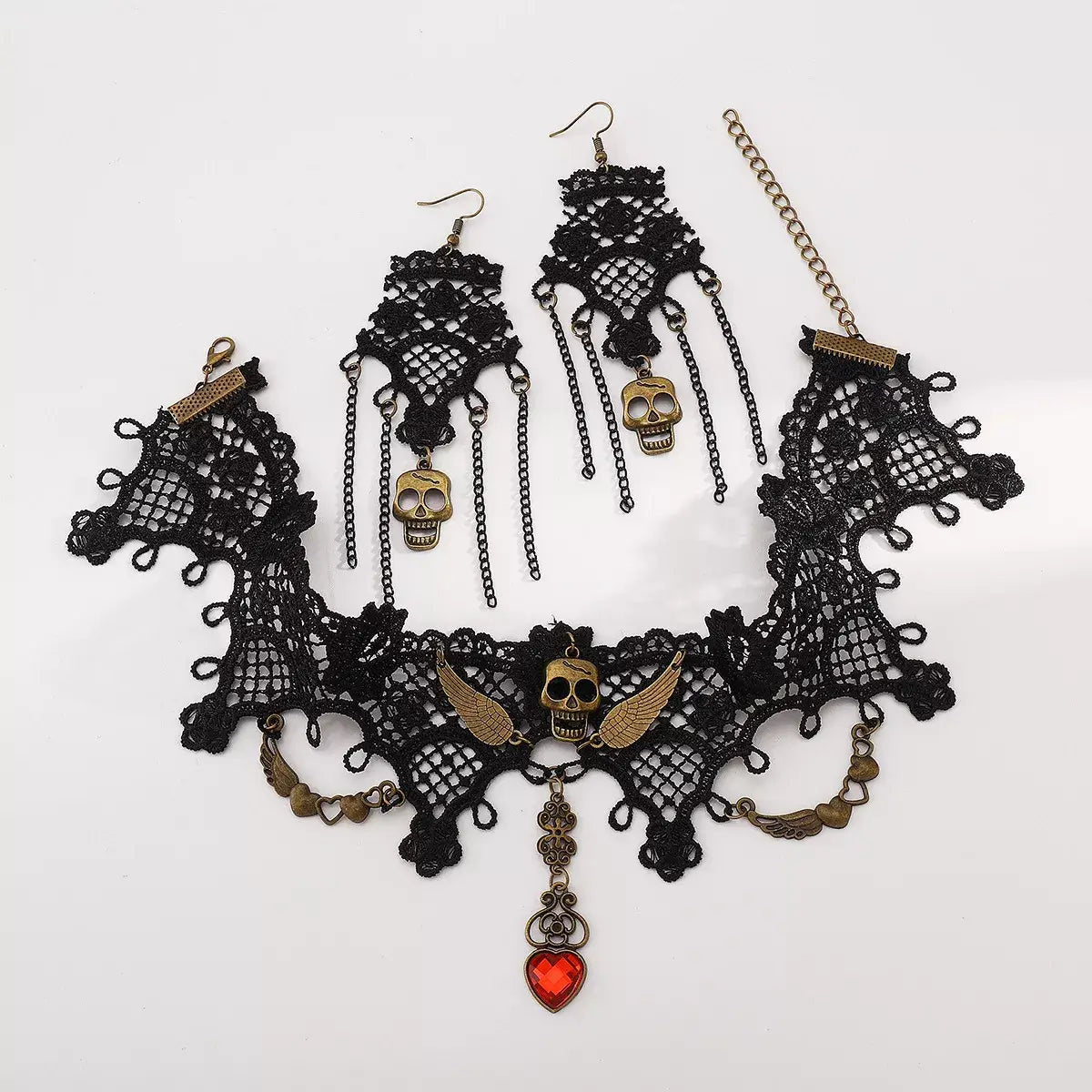 Halloween Lace Skull Necklace and Earrings Jewelry Set