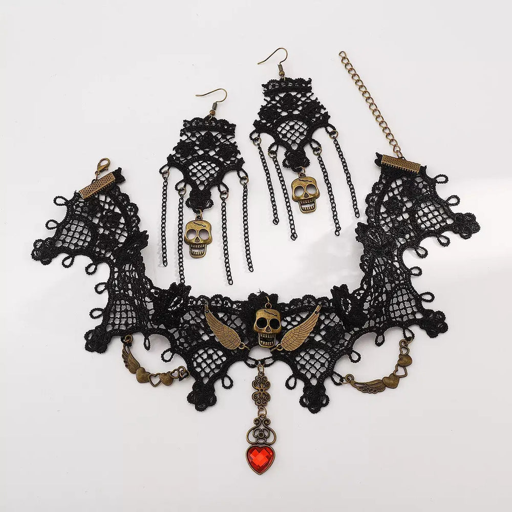 Halloween Lace Skull Necklace and Earrings Jewelry Set