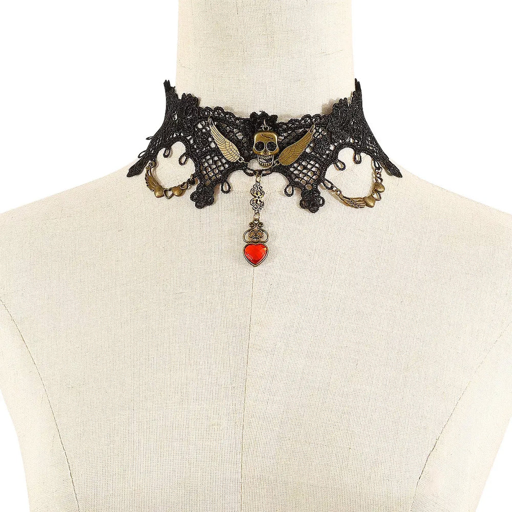 Halloween Lace Skull Necklace and Earrings Jewelry Set