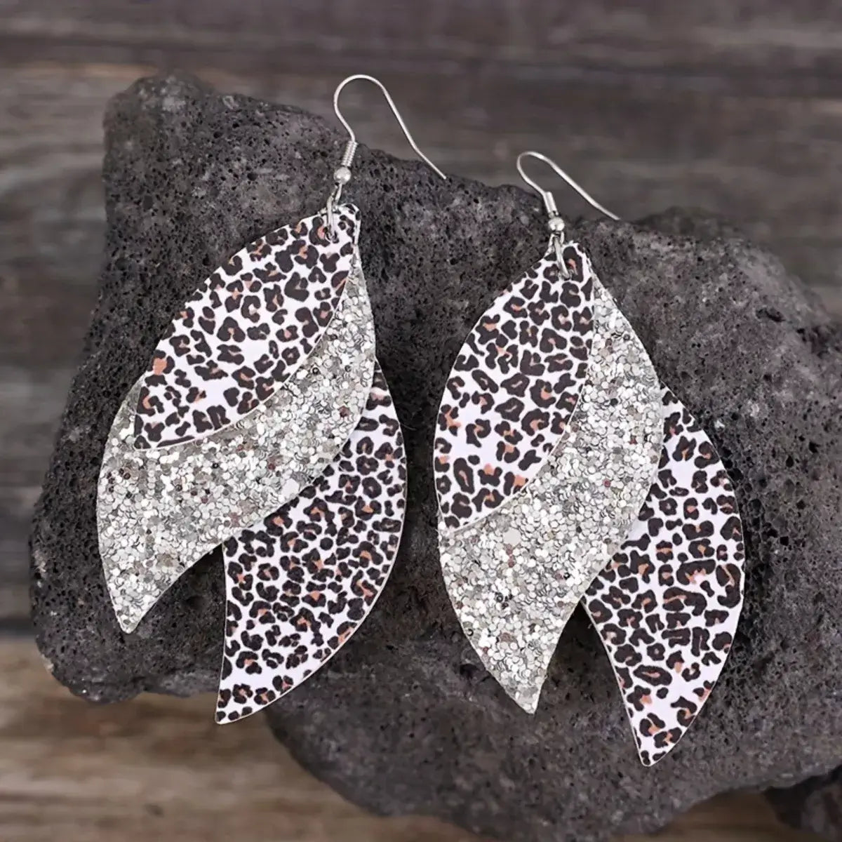 Leopard Print Leather Leaf Drop Earrings