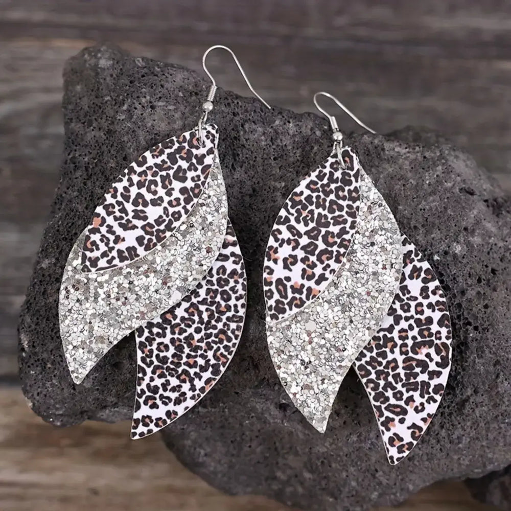 Leopard Print Leather Leaf Drop Earrings