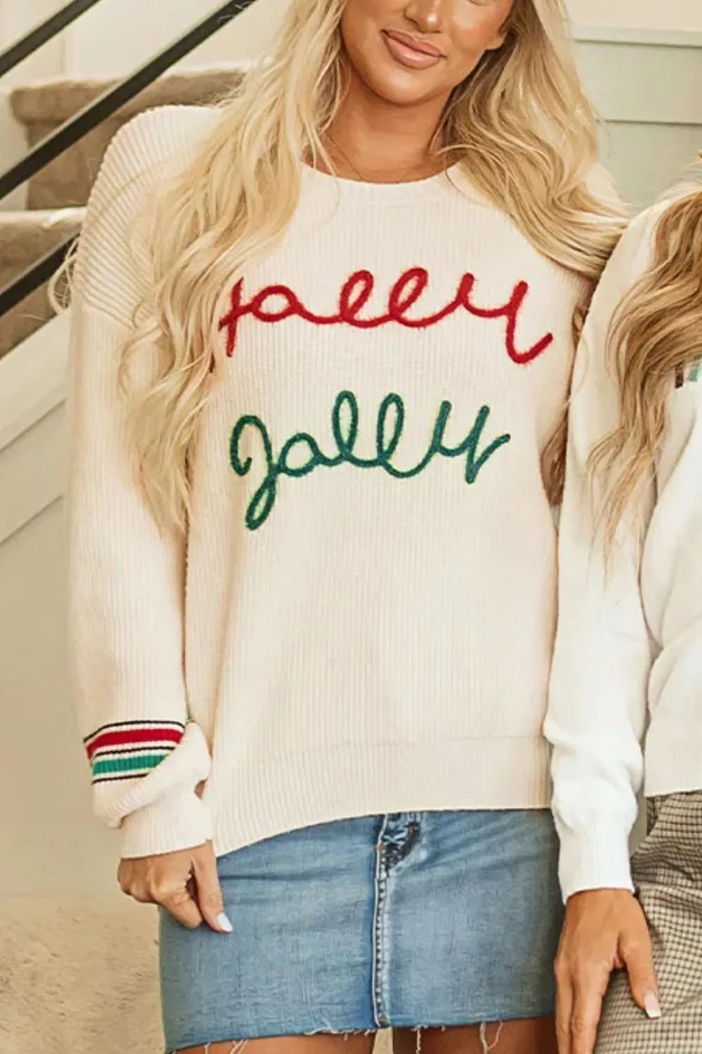 Woman wearing Letter Long Sleeve Sweater with round neck and letter detailing