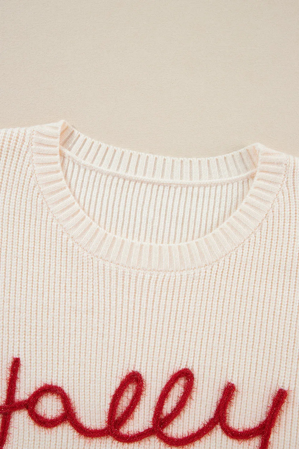 Letter Long Sleeve Sweater with round neckline and red letter detailing, showcasing casual knit design.