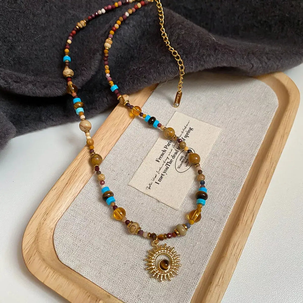 Multi-Color Beaded Sunflower Pendant Necklace