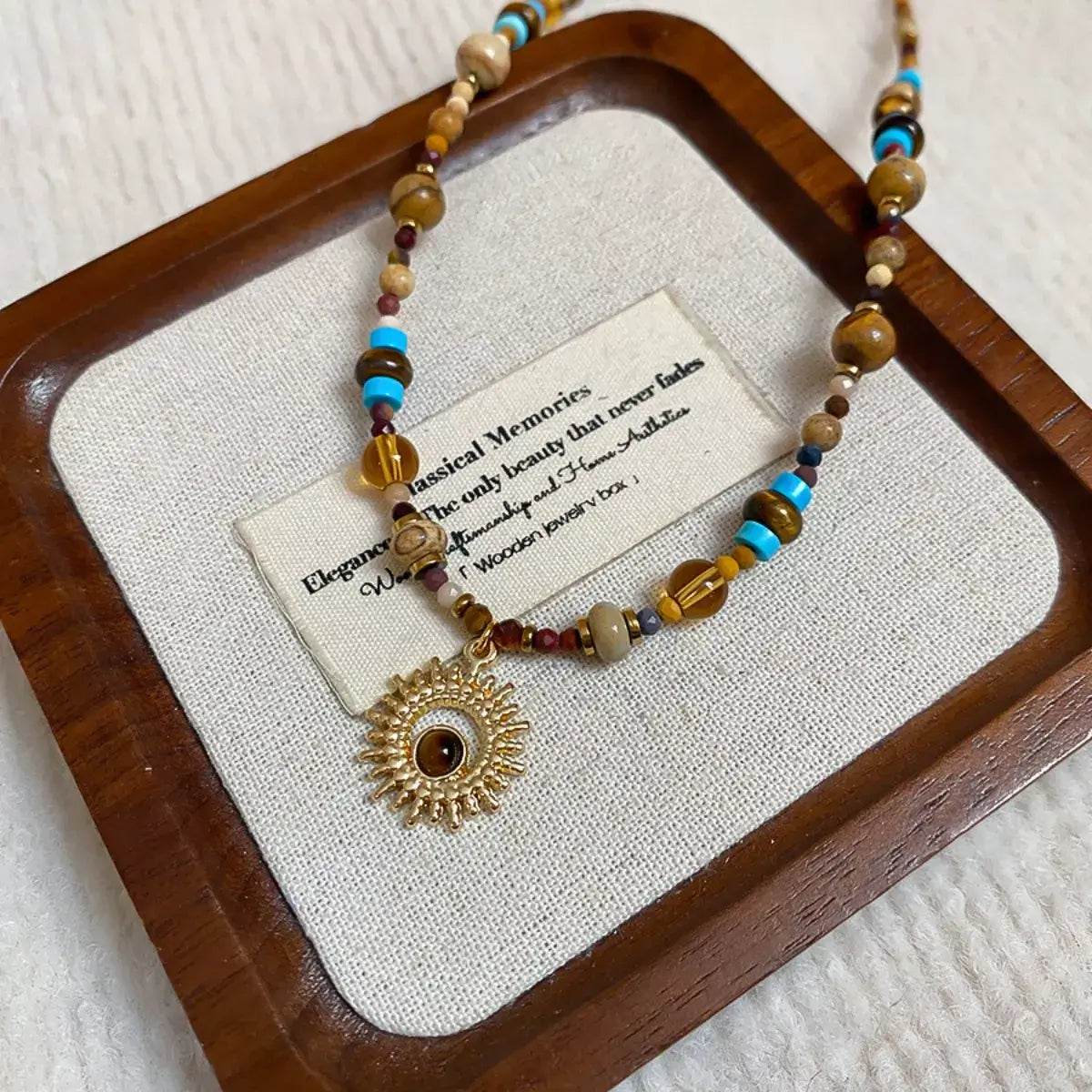 Multi-Color Beaded Sunflower Pendant Necklace