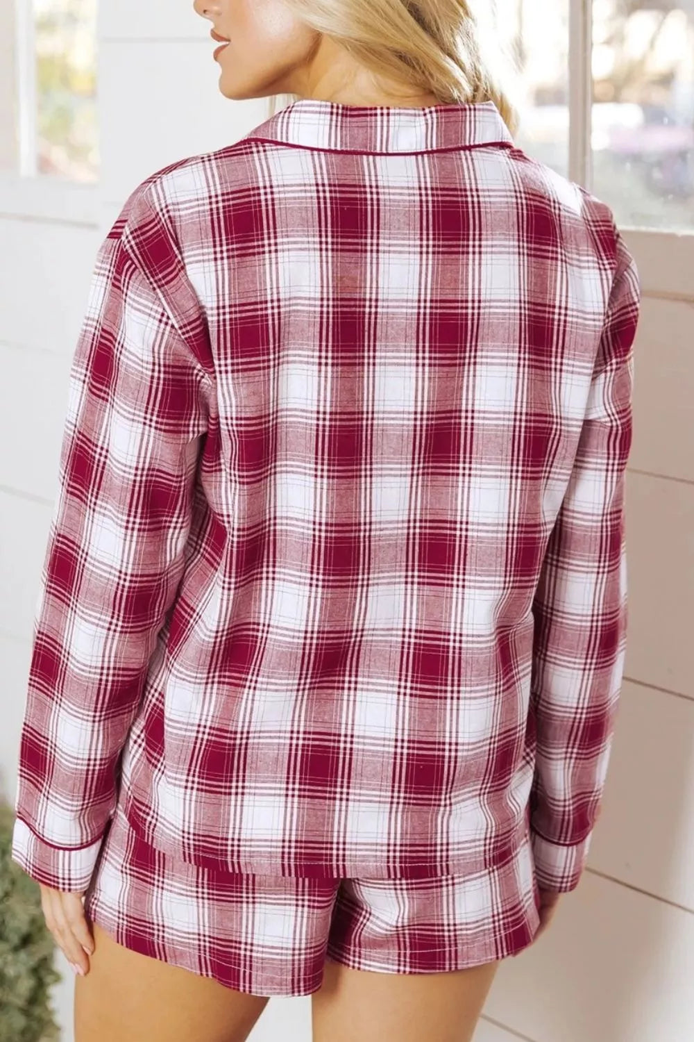 Plaid Long Sleeve Shirt and Drawstring Shorts Lounge Set in red and white plaid pattern, made of 100% cotton, back view.