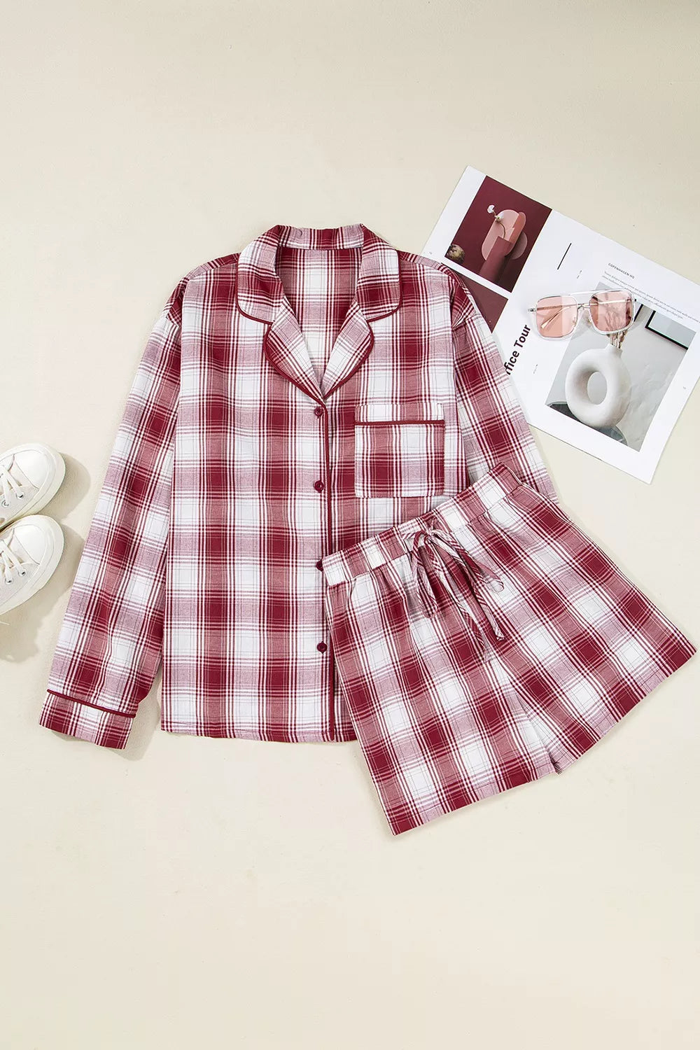 Plaid Long Sleeve Shirt and Drawstring Shorts Lounge Set in red and white, displayed with accessories. Two-piece, pocketed, 100% cotton.