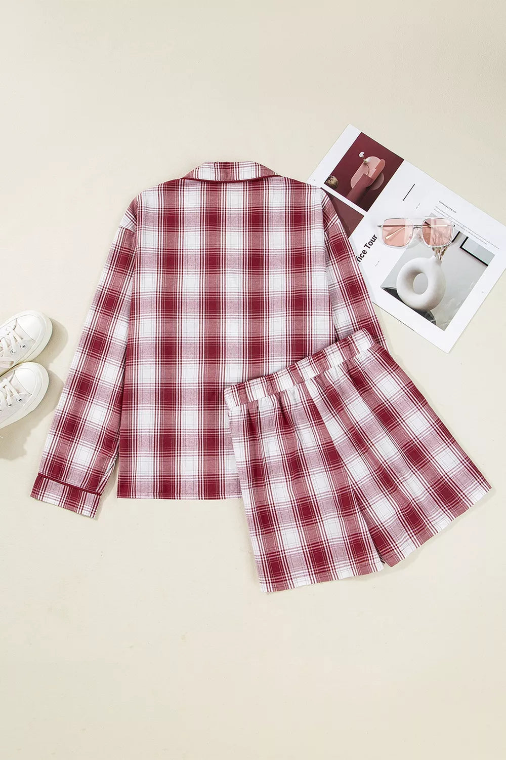 Plaid Long Sleeve Shirt and Drawstring Shorts Lounge Set in red and white with pocketed design, made of 100% cotton, non-stretch.