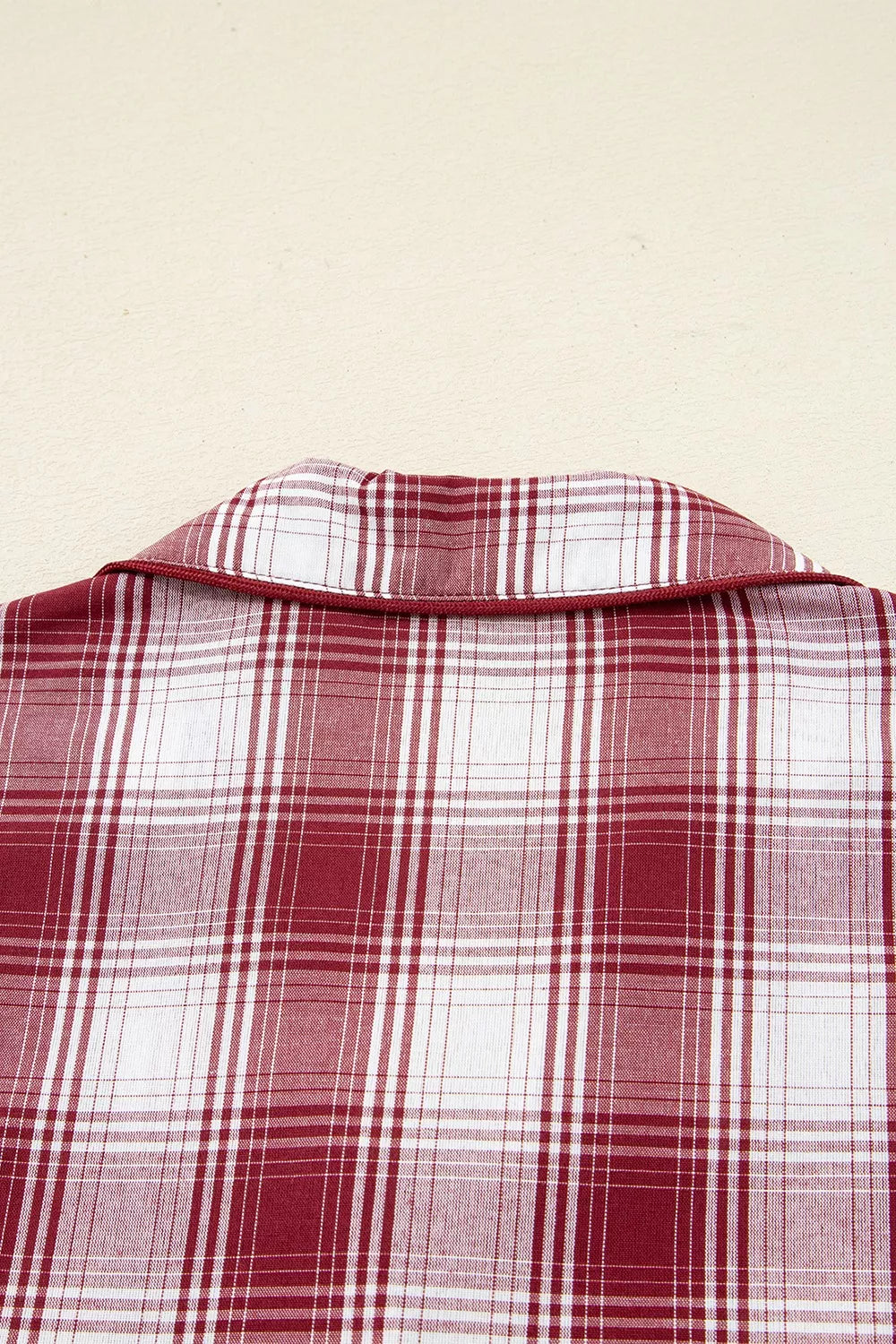 Plaid Long Sleeve Shirt and Drawstring Shorts Lounge Set red plaid pattern close-up