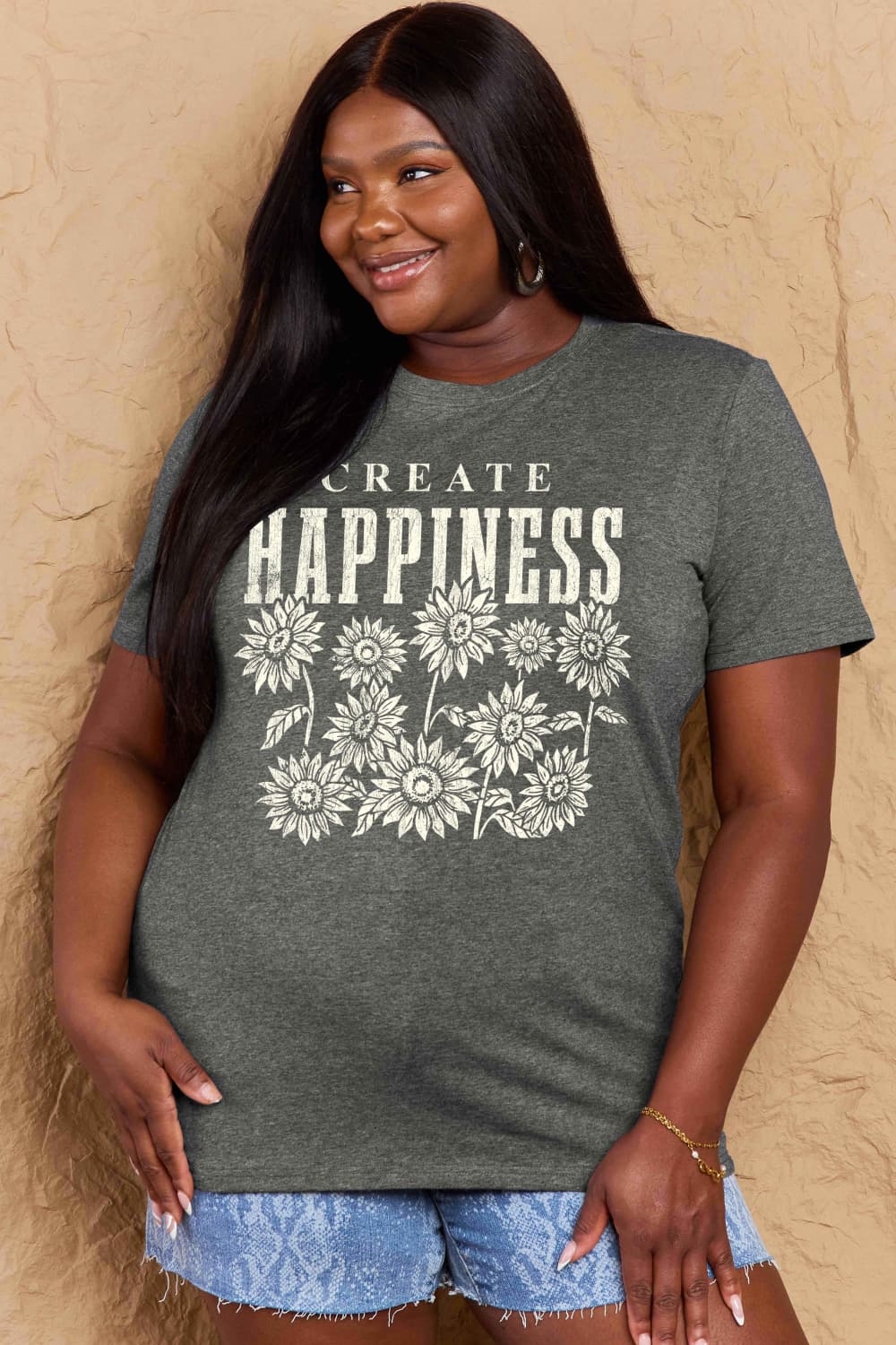 Graphic Cotton T-Shirt with CREATE HAPPINESS slogan, sunflowers print, casual wear, full-size run for women.