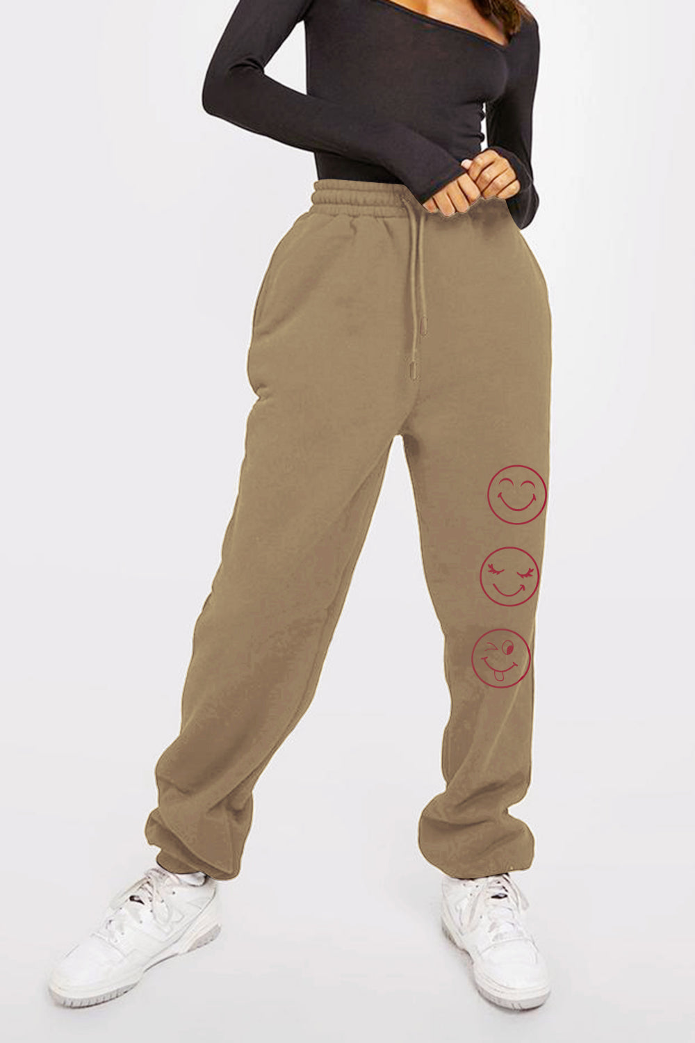 Graphic Sweatpants with emoji print, full size, featuring drawstring waist and relaxed fit.