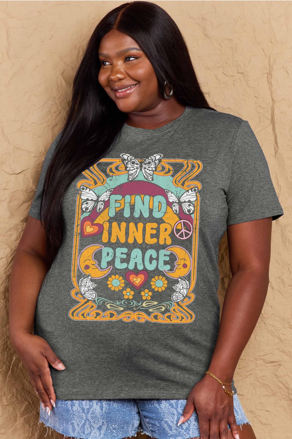 Graphic Cotton T-Shirt with "FIND INNER PEACE" print in full size for casual style and positivity.
