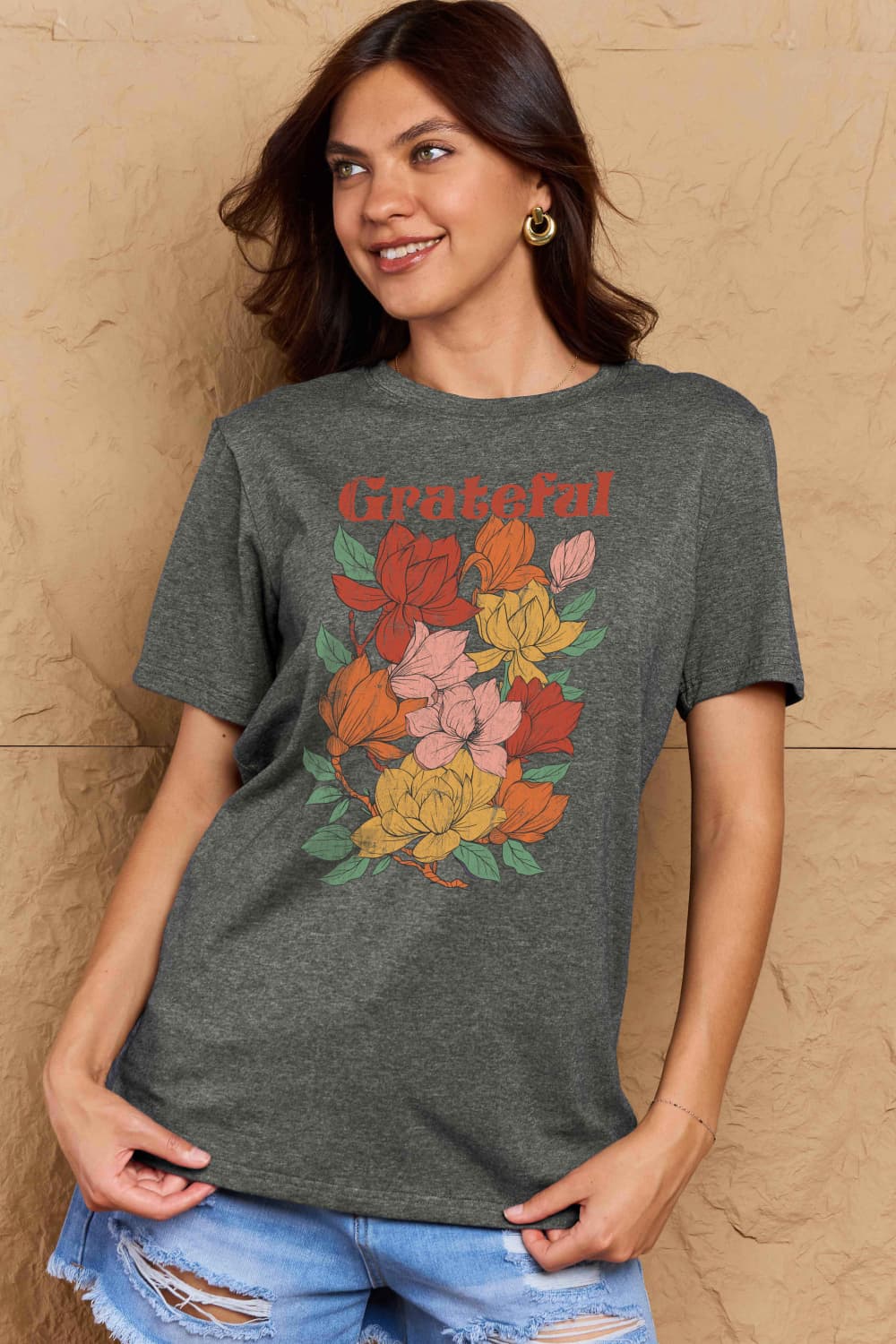 Graphic Cotton T-Shirt with GRATEFUL flower print worn by model